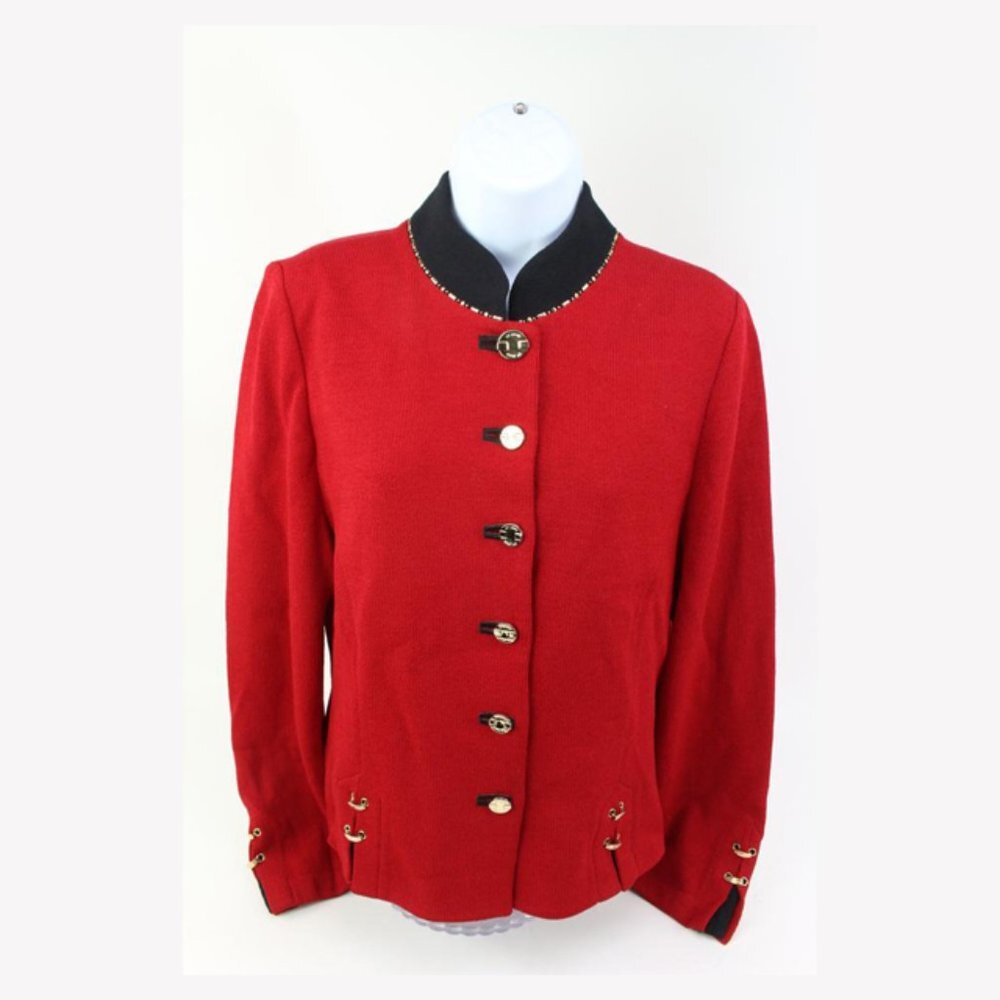 St. John Collection Size 14 Marie Grey Red Cardigan s331st36